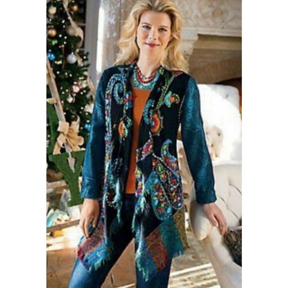 Soft Surroundings peacock embroidered open knit cardigan - Picture 1 of 6